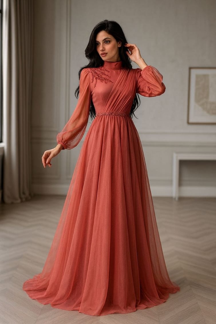 Modanova Watermelon Hijab Evening Dress 3601 Modanova Watermelon Hijab Evening Dress 3601