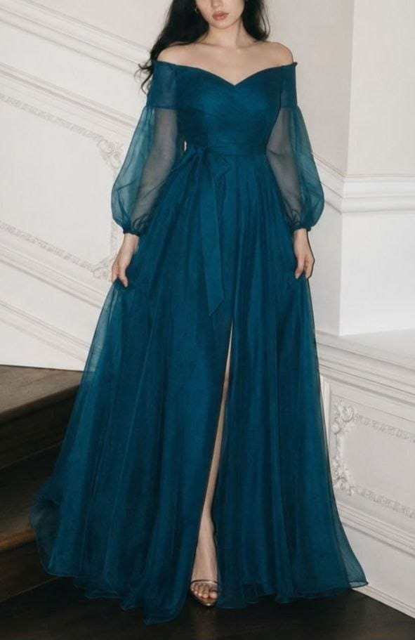 turquoise evening dress with sleeves Casual V-neck A Line Satin Floor-length Prom Ruching and Split Front Beadings Side Slit Corset closure Dry Clean Standard size orders Customizable Mermaid Turquoise sage green