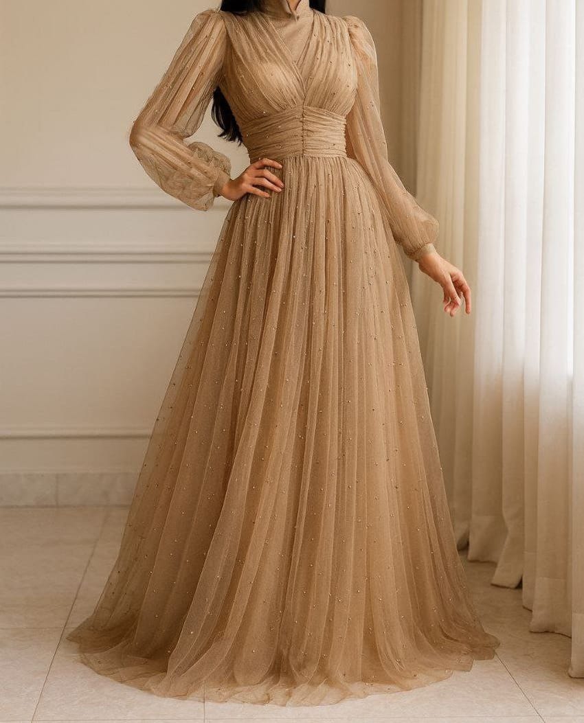 Modanova » Beige tulle evening dress for veiled women 3336