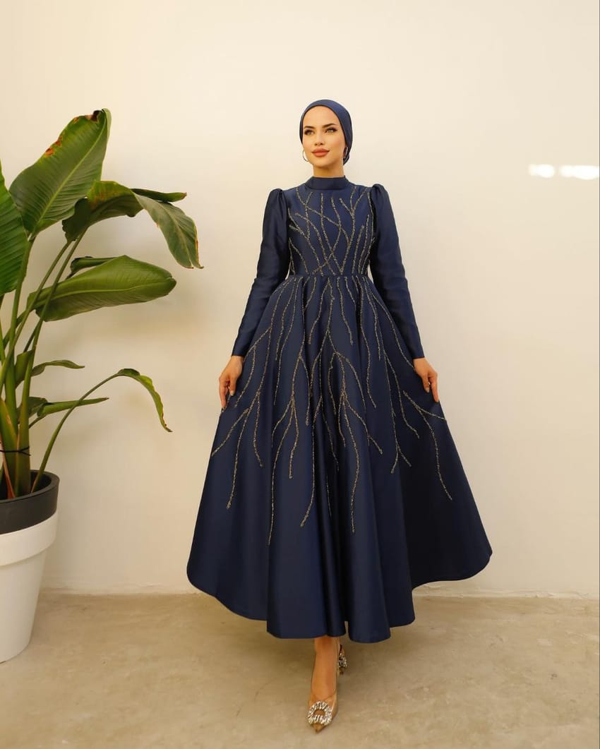 Modanova  Navy satin evening dress for veiled women 3348