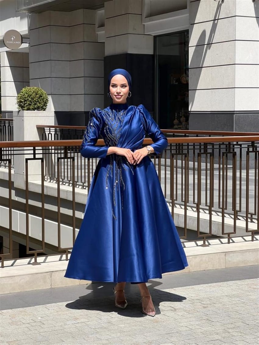Modanova » Navy satin evening dress for veiled women 3347