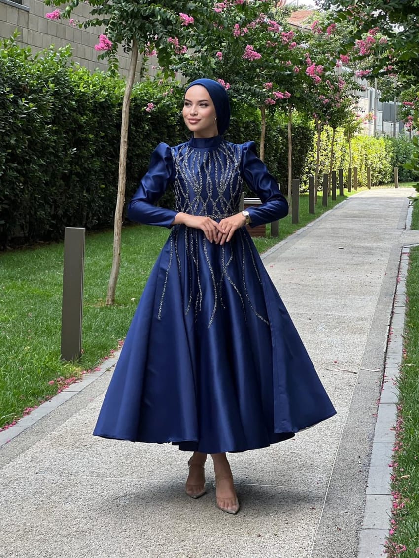 Modanova  Navy satin evening dress for veiled women 3350