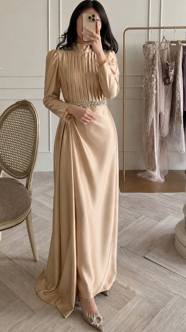 beige dinner dress Beige Wrap Satin Dress With Flutter Sleeves – Désir Couture main image 1