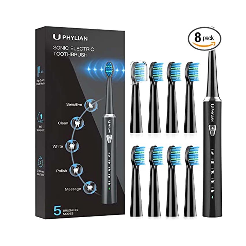 PHYLIAN Sonic Electric Toothbrush for Adults and Kids High Power Rechargeable 8 Brush Heads, 5 Modes, 3 Hours Fast Charge for 120 Days