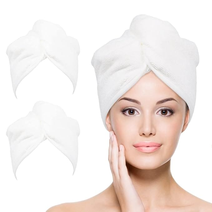 YoulerTex Microfiber Hair Towel Wrap for Women, 2 Pack 10 inch X 26 inch, Super Absorbent Quick Dry Hair Turban for Drying Curly, Long & Thick Hair (White) product thumbnail 3