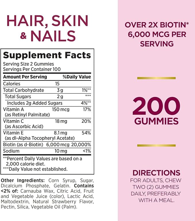 Natures Bounty Optimal Solutions Hair, Skin and Nails Gummies with Biotin, 25000 mcg, Strawberry Flavored, 200 Count product thumbnail 6