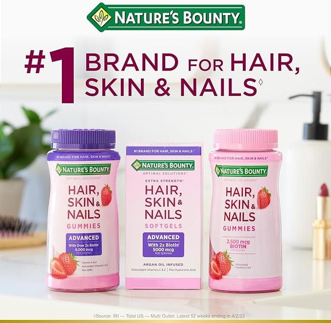 Natures Bounty Optimal Solutions Hair, Skin and Nails Gummies with Biotin, 25000 mcg, Strawberry Flavored, 200 Count