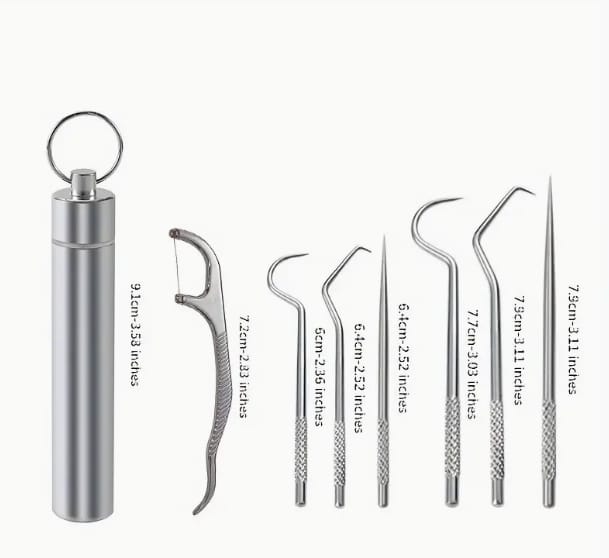 7pcs Dental Flosser Picks Set, Stainless Steel Tooth Pick Set, Deep Cleaning Dental Floss, Portable Hygienic Flosser With Holder For Travel Daily Life product thumbnail 3