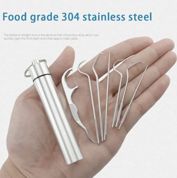 7pcs Dental Flosser Picks Set, Stainless Steel Tooth Pick Set, Deep Cleaning Dental Floss, Portable Hygienic Flosser With Holder For Travel Daily Life product thumbnail 6