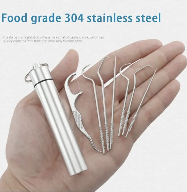 7pcs Dental Flosser Picks Set, Stainless Steel Tooth Pick Set, Deep Cleaning Dental Floss, Portable Hygienic Flosser With Holder For Travel Daily Life product thumbnail 2