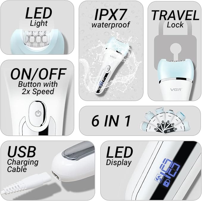 VGR V-733 Professional Ladies Grooming Kit,Epilator for women for full body grooming| 6 in 1 lady care set,LED Display,90min Runtime &600mAh Lithium Battery with IPX 7 Waterproof(Green)1 Year product thumbnail 2