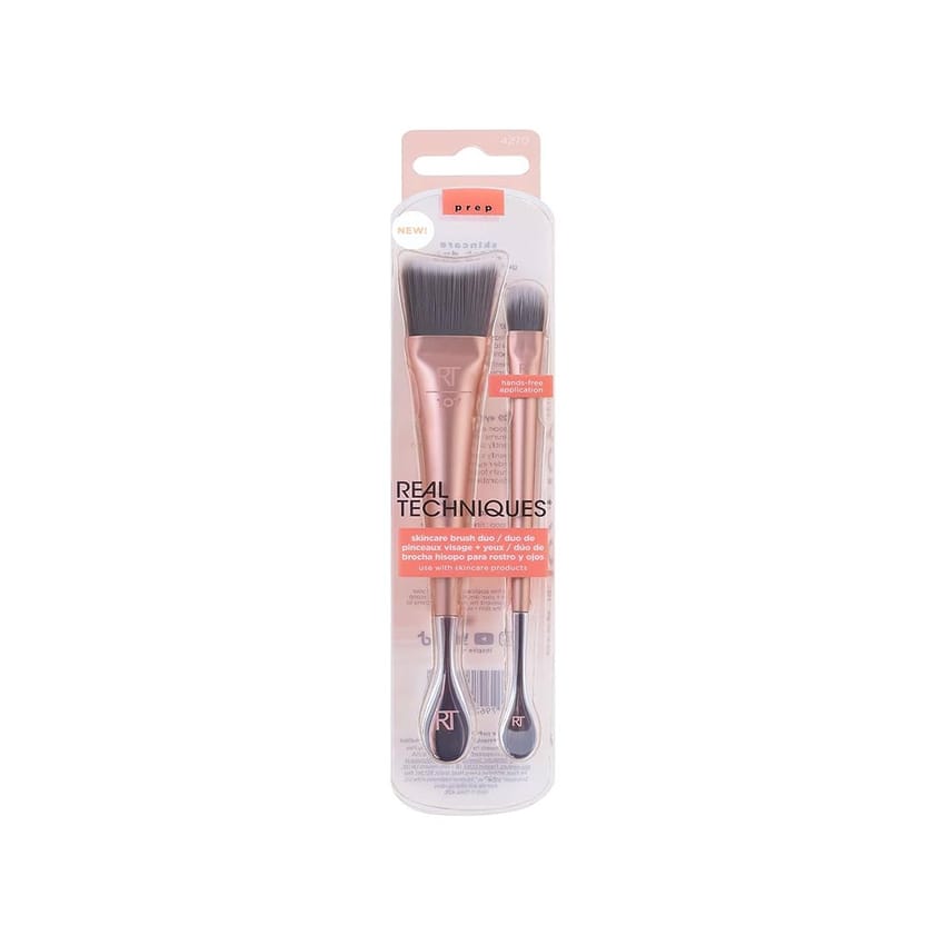 REAL TECHNIQUES Skincare Brush Duo for Hands Free Skin Care Application, Hygenic, Face Brush, Eye Brush, and Jar Scoop Made With Stainless Steel, Use With Serums, Creams, and Toners, 2 Piece 