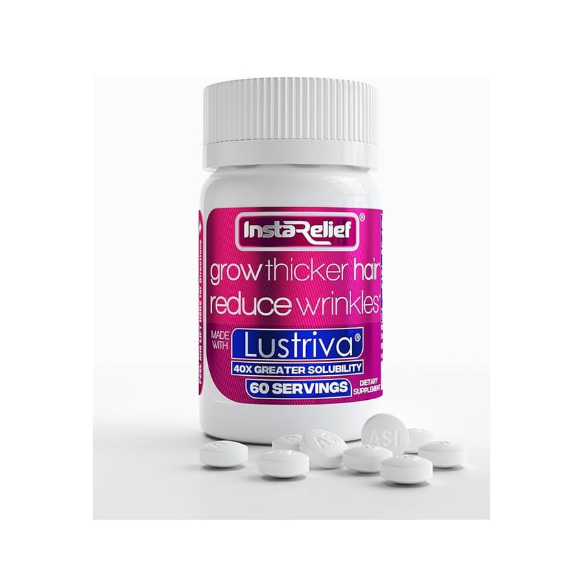 InstaRelief Hair Growth with Lustriva  Clinically Shown to Grow Thicker, Healthier Hair in 3 Weeks, Reduce Wrinkles and Fine Lines, with Biotin, Silicon, and Arginine, 60 Tablets