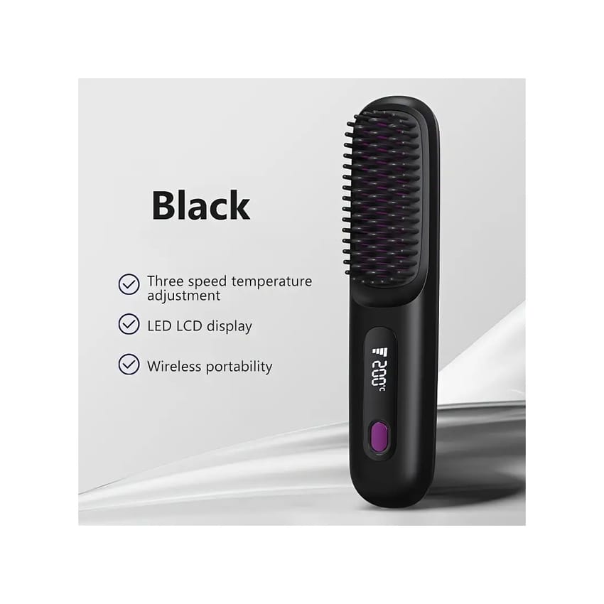 Portable Wireless Hair Straightener Brush with LCD Display, 2000mAh Rechargeable Battery, Ceramic Heat Protection 200c Tempreture