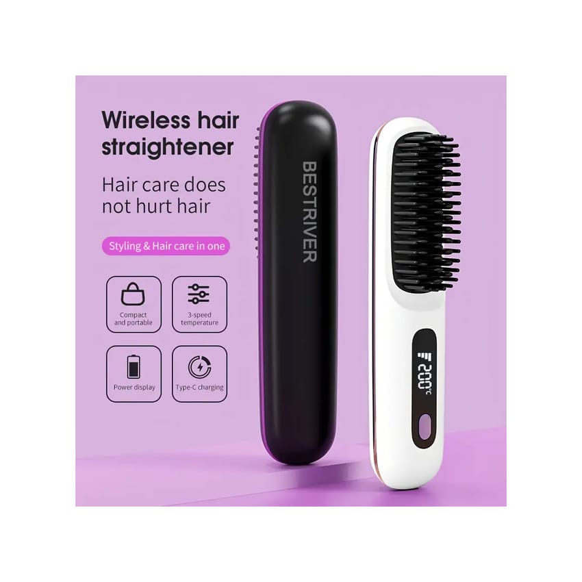 Portable Wireless Hair Straightener Brush with LCD Display, 2000mAh Rechargeable Battery, Ceramic Heat Protection 200c Tempreture product thumbnail 2