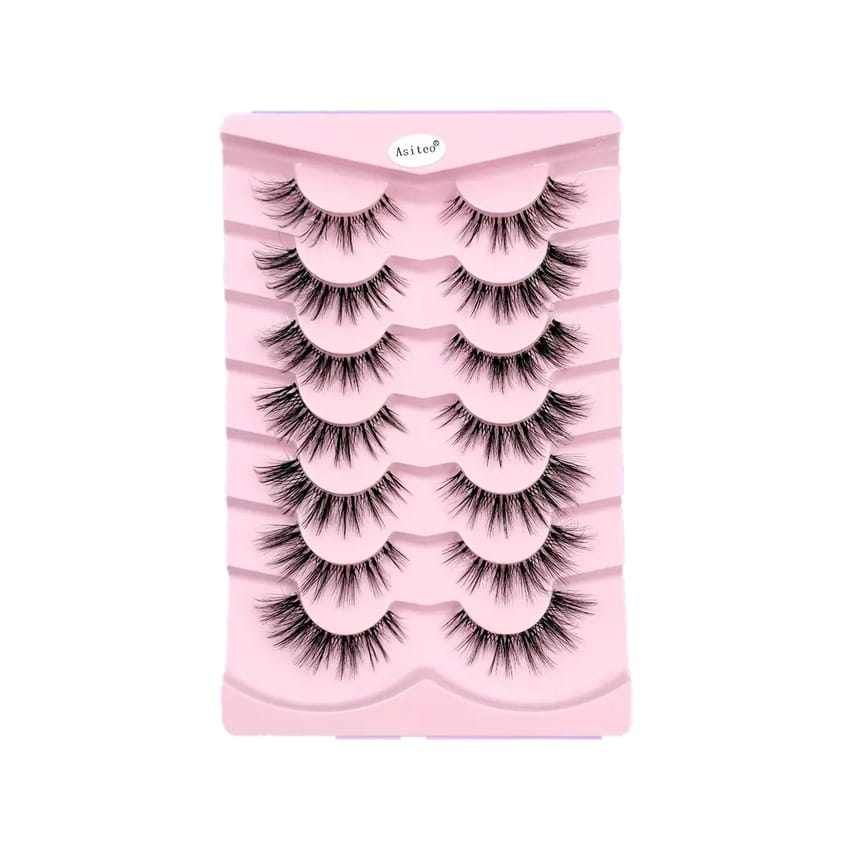 7 Pairs Cat Eye Fluffy Cross Faux Mink Eyelashes - Natural Look C Curl Reusable False Lashes Set, 13-15mm Wispy Extensions with Transparent Band for Daily Wear
