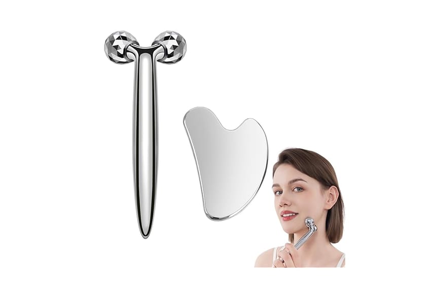 Metal Face Massage Roller with Gua Sha Stone
