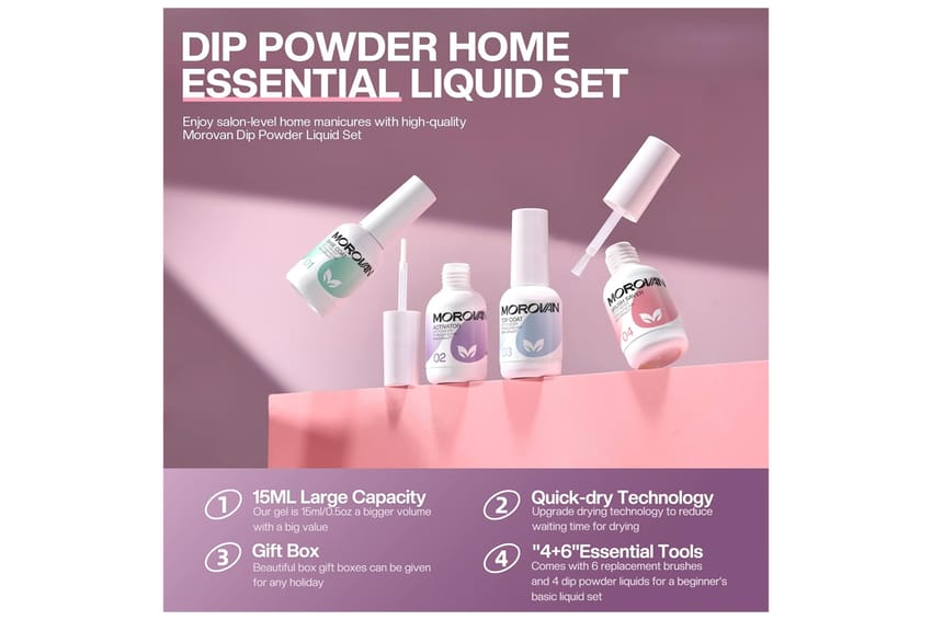 Dip Powder Liquid Set (Base Coat, Top Coat, Activator, Brush Saver – 15ml each + 4 Replacement Brushes) product thumbnail 3