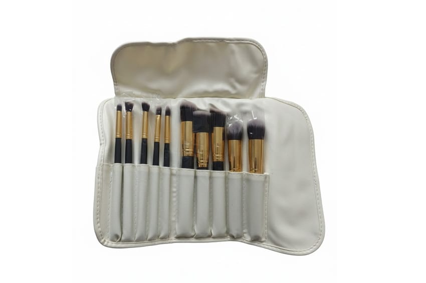 Professional 10-Piece Makeup Brush Set with Luxury Leather Wrap.