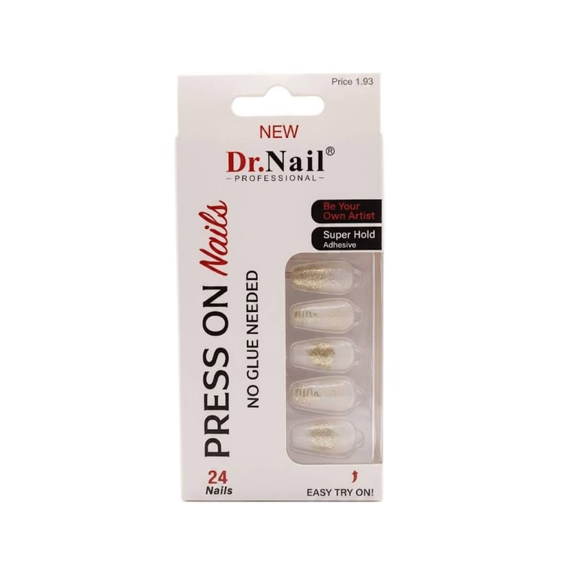 Dr. Nail Professional Press On Nails – Milky White & Gold Glitter Design, 24 Nails