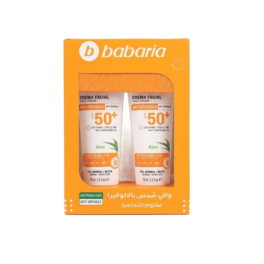 Babaria Anti-Wrinkle Face Cream SPF 50+ with Aloe – 2 × 75ml | sun-care | sun-block | babaria