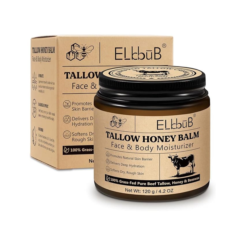 ELBBUB Whipped Tallow Cream for Face & Body - 100% Grass-Fed Beef Tallow, Natural Honey & Beeswax Moisturizer, Deep Hydration & Nourishment, Oil-Free & Unscented, Fast Absorbing